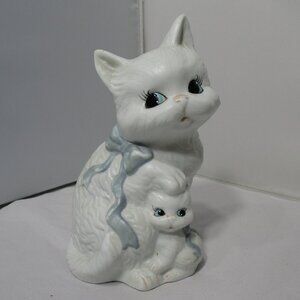 Vintage Bisque Ceramic White Cat Kitten HP  Coin Bank
